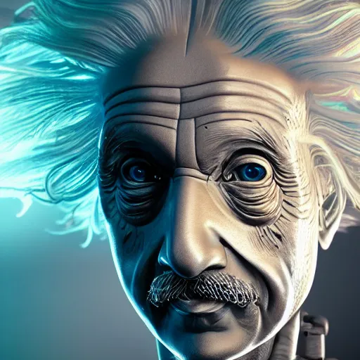 Image similar to portrait ethereal biomechanical android albert einstein with incredible technological hair, masterpiece crystalline incrustations, hyper - detailed face, elegant posed, intricate, octane render, cinematic lighting, cgsociety, unreal engine,
