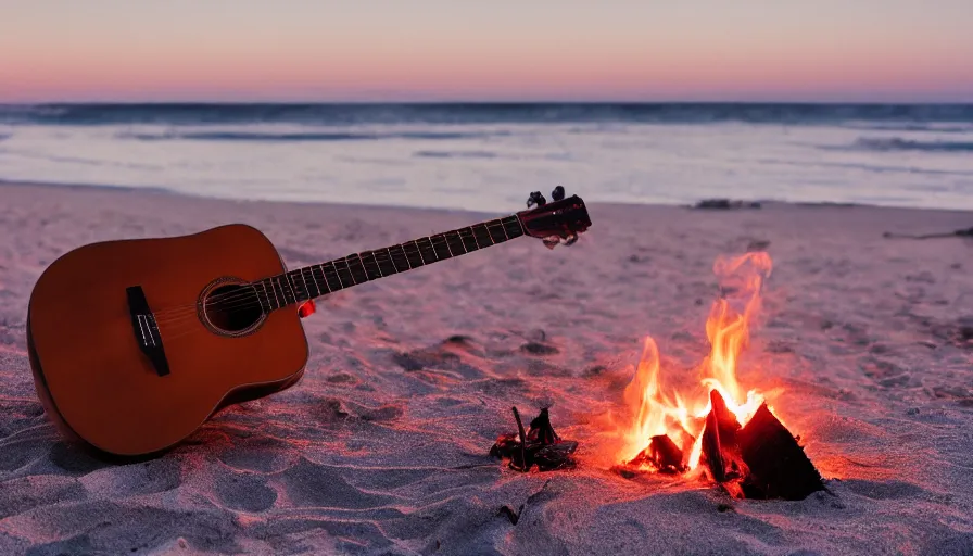 Prompt: kodak portra 400 photo of an acoustic guitar and a campfire on the beach at sunset, golden hour, dimly lit