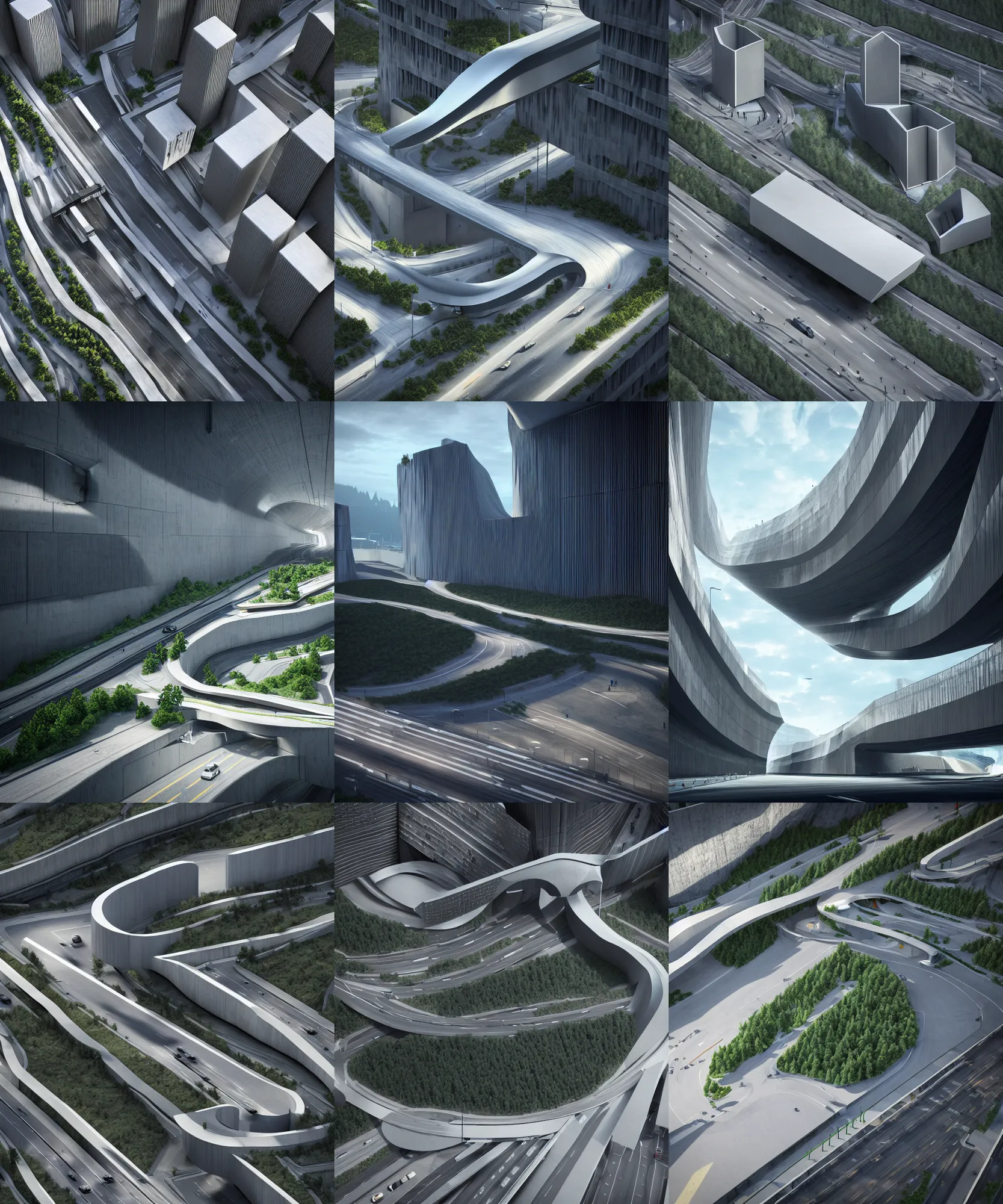 Prompt: denis villeneuve establishing shot of modern bjarke ingels condo building and gotthard tunnel entrance combined, roads tunnel under bjarke ingels condo building, lush environment, ray traced lighting, scifi artstation digital concept art, unreal engine, hyper realism, realistic shading, cinematic composition, blender render, octane render, wide shot