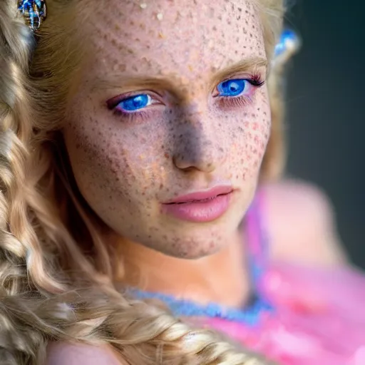 Image similar to close up headshot of a princess with long blonde hair and blue eyes wearing a strapless elaborately beaded pink dress, high resolution film still, 8k, HDR color, film by Simon Langton and David Frankel, triangular face, freckles, round narrow chin, straight jawline