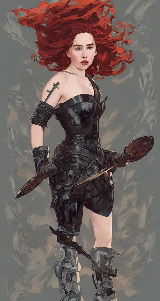 Prompt: redhead emilia clarke wearing black armour with bare legs, mucha, hard shadows and strong rim light, art by jc leyendecker and atey ghailan and sachin teng