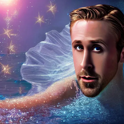 Prompt: ryan gosling portrait, fantasy, mermaid, hyperrealistic, game character, underwater, highly detailed, sharp focus, cinematic lighting, pearls, glowing hair, shells, gills, crown, water, highlights, starfish, jewelry, realistic, digital art, pastel, magic, fiction, ocean, king, colorful hair, sparkly eyes, fish, heroic, god, waves, bubbles