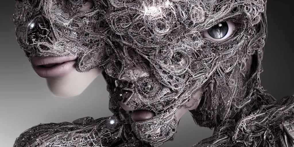 Prompt: ! dream hyperrealistic photography of a female cyborg humanoid, glowing eyes, holding, grasping, highly detailed intricate filigree, in the style of beth cavener, jin kagetsu, wlop,, symmetry, masterpiece, concept art, highkey lighting, ambient lighting, hard key light, octane render, 8 k, artstation