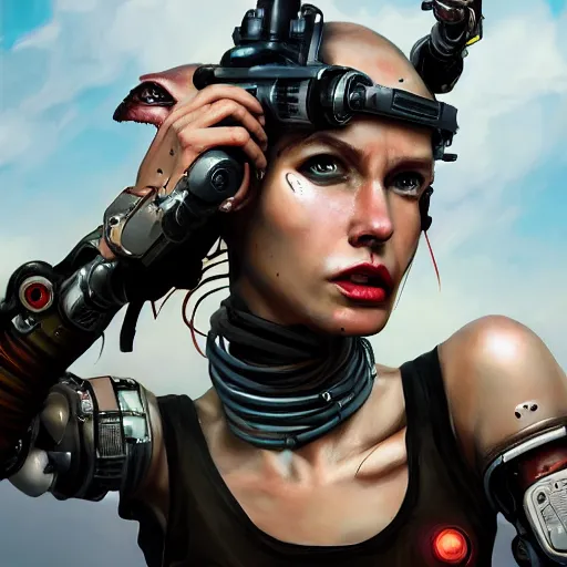 Image similar to tank girl, highly detailed, half human, half cyborg, power implants, full body transmogrify, low camera angle, point of view looking up from below, beautiful, mesmerising, look of desire, loving stare, battle action shot, digital painting, trending on artstation, concept art, 4 k, sharp focus, illustration, art by greg rutkowski