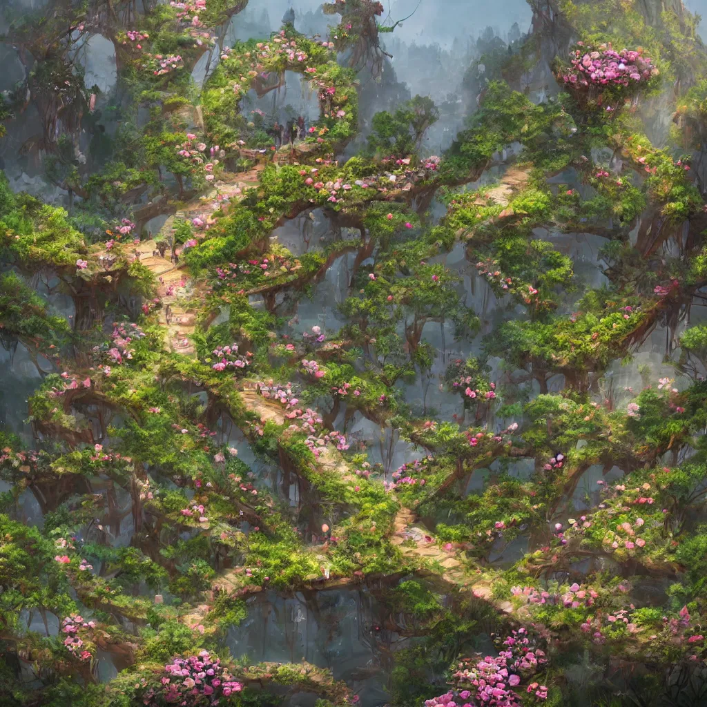 Image similar to a beautiful nature civilization, fancy, flowers, bridges, nature city, people, tree houses, trending on artstation, behance, deviantart