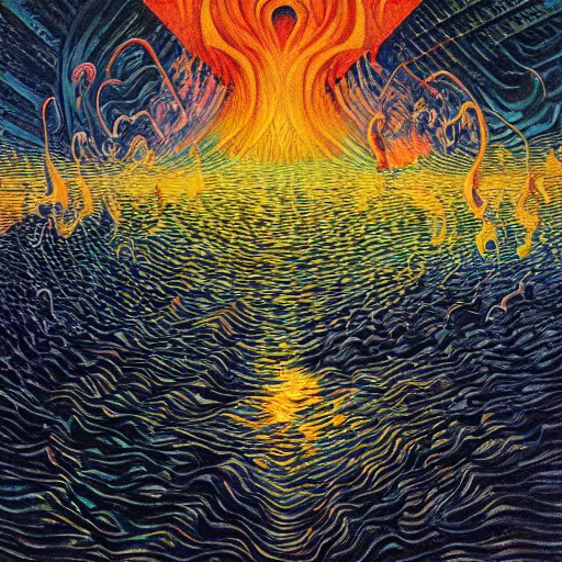 Prompt: water, fire, fog, surreal by dan mumford and umberto boccioni, oil on canvas