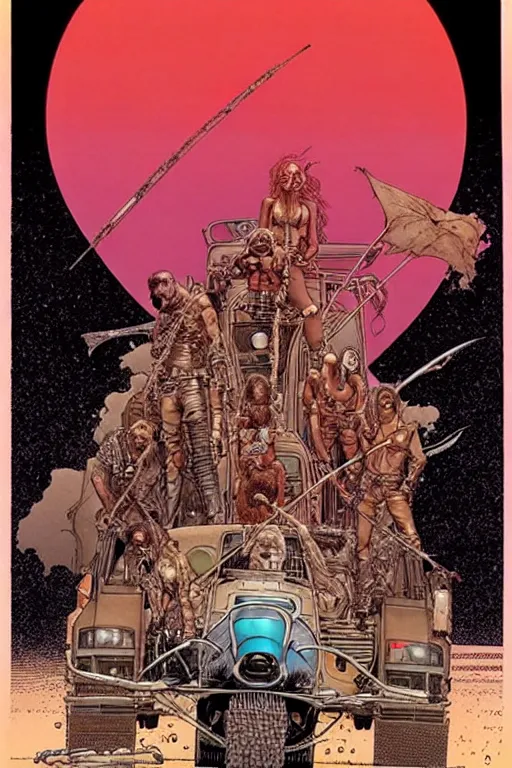 Image similar to ( ( ( ( ( madmax fury road cover art. muted colors. ) ) ) ) ) by mœbius!!!!!!!!!!!!!!!!!!!!!!!!!!!