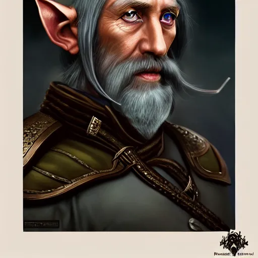 Image similar to portrait painting of an older elven policeman, sharp focus, award - winning, trending on artstation, masterpiece, highly detailed, intricate. art by merwild and ernesto irawan and rachel denton