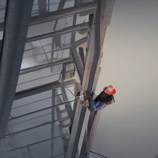 Image similar to rope access technician, extreme cold, cloudy weather, octane render, volumetric lightning, hyperrealistic, cgi, - q 2, 8 k