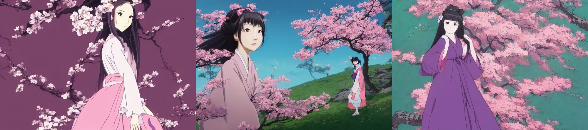 Prompt: beautiful ultrawide portrait of Japanese girl with pink eyes and full body, her face is a mauve flower, with colorful purple gown with white sheen and long hair sitting on apple tree, beuatiful face, awesome, bright colours, trending on artstation, by Studio Trigger and Studio Ghibli, by Makoto Shinkai, by katsushika hokusai