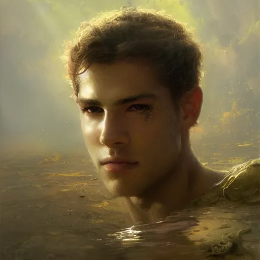 Image similar to handsome portrait of a young guy fitness posing, war hero, adventure, radiant light, caustics, reflective water, by gaston bussiere, bayard wu, greg rutkowski, giger, maxim verehin