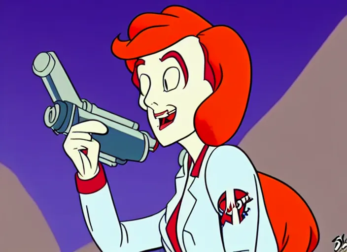 Prompt: dana scully on the real ghostbusters, animation cel, anime, sharp detail, animation cel, thin linework, in the style of don bluth, bruce timm, stephen silver, studio trigger