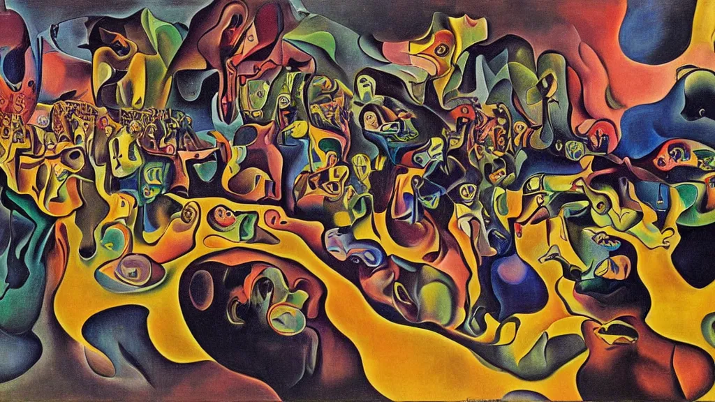 Image similar to unholy gathering, 4K, Futurism & Fauvism, colorized, by collaboration of Salvador Dali, Van Gogh and M. C. Escher