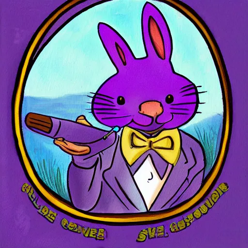 Image similar to a violet rabbit smoking a cigar, in the style of h. r. geiger