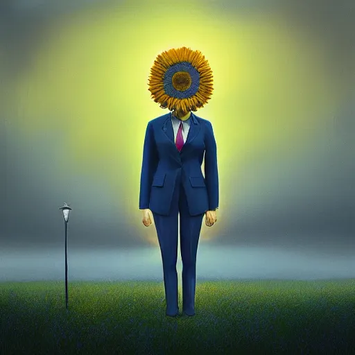 Image similar to giant daisy flower head, frontal, girl in a suit standing on street, surreal photography, sunrise, dramatic light, impressionist painting, digital painting, artstation, simon stalenhag