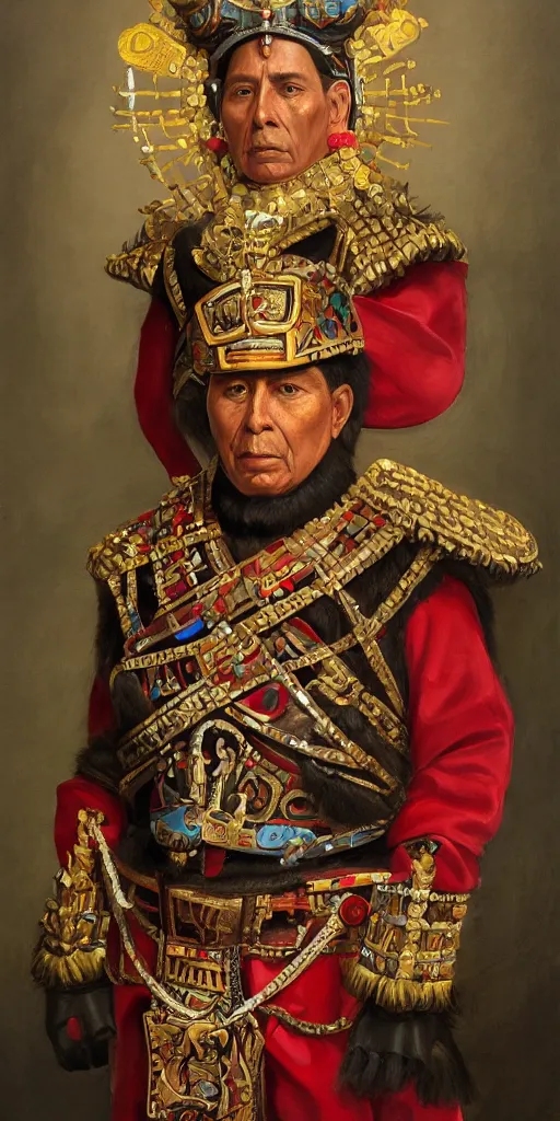 Image similar to Highly detailed and cinematic Renaissance period portrait oil painting of the Incan emperor Atahualpa!!! an oil painting ((masterpiece)) by ((Josep Tapiró Baró)), RPG portrait, dynamic lighting, 8K, Incan!! Inca symbols