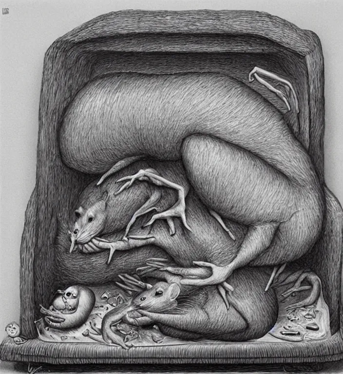 Prompt: woman puts a big rat in the oven 90s by Laurie Lipton, high detailed, realistic,dark surrealism, hyper detailed