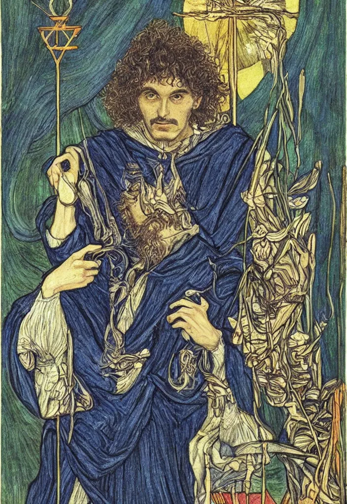 Image similar to Yoshua Bengio scientist drawn on the Tarot card. Illustration by preraphaelists.