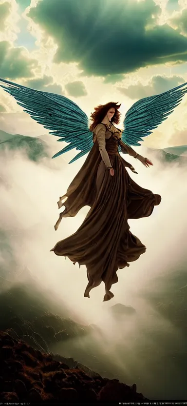 Image similar to steampunk angel, big wings, argentina, hudson river school, max rive, full plate armor with cloth, f 1 6, bokeh, gentle, female, snowy mountain, storm clouds, god rays, landscape, d & d, fantasy, elegant, teal pink white gold color palette, concept art, roger deakins and greg rutkowski and alphonse mucha