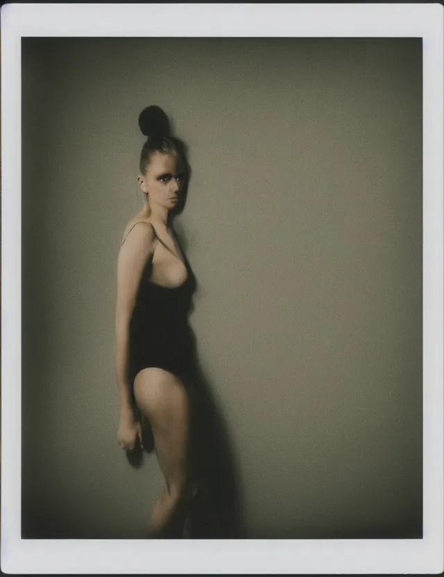 Image similar to polaroid photo with flash, slavic model, polaroid photo bleached strong lights, kodak film stock, hyper real, stunning moody cinematography, with anamorphic lenses, by maripol, detailed