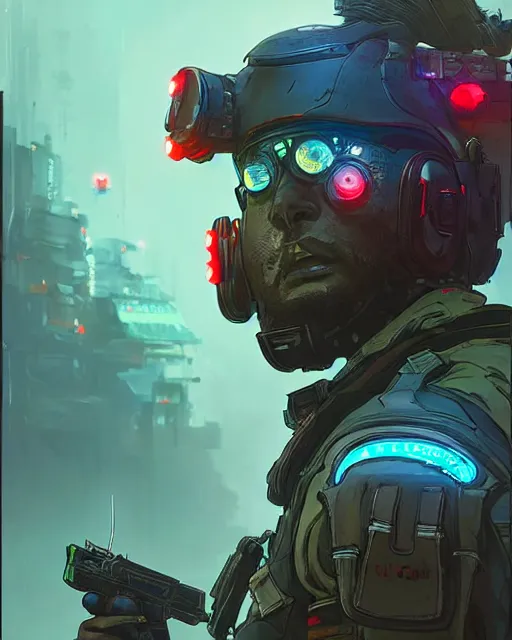 Image similar to soldier from apex legends, cyberpunk futuristic neon. decorated with traditional japanese ornaments by ismail inceoglu dragan bibin hans thoma greg rutkowski alexandros pyromallis nekro rene maritte illustrated, perfect face, fine details, realistic shaded, fine - face, pretty face