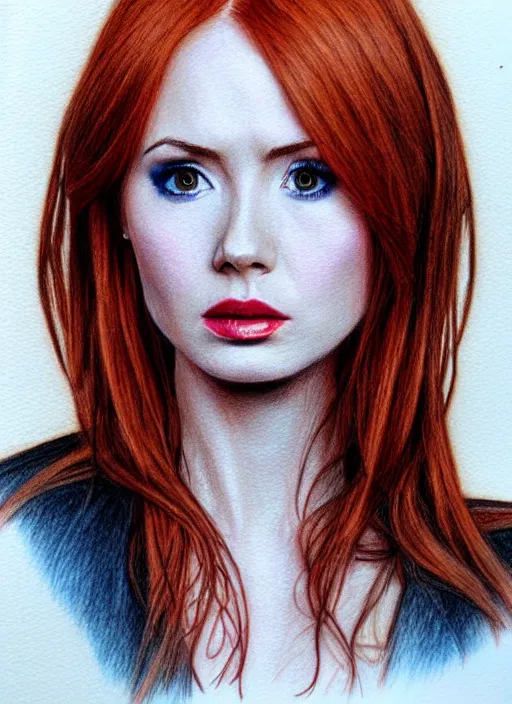 Image similar to Karen Gillan, complex artistic color pencil sketch illustration, full detail, gentle shadowing