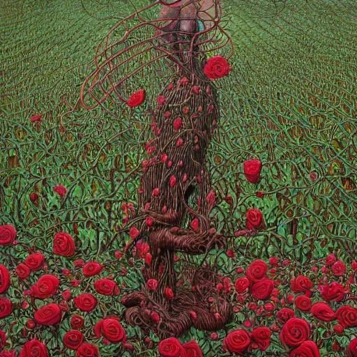 Image similar to a woman standing on a pile of vines and roses by jacek yerka, alex gray, zdzisław beksiński, dariusz zawadzki, jeffrey smith and h.r. giger, oil on canvas, 8k highly professionally detailed, trending on artstation