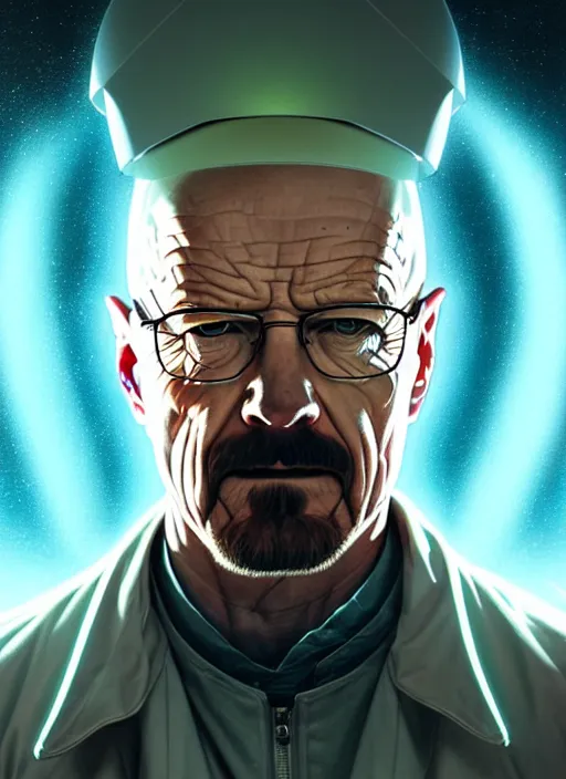 Prompt: symmetry!! portrait of walter white, sci - fi, tech wear, glowing lights!! intricate, elegant, highly detailed, digital painting, artstation, concept art, smooth, sharp focus, illustration, art by artgerm and greg rutkowski and alphonse mucha