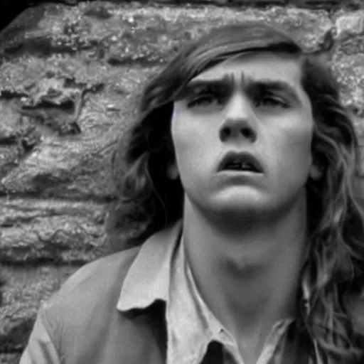 Image similar to Still of a movie set in the 1930s where a terrified young man with long hair is cornered against a stone wall. He is looking utterly panicked and distressed