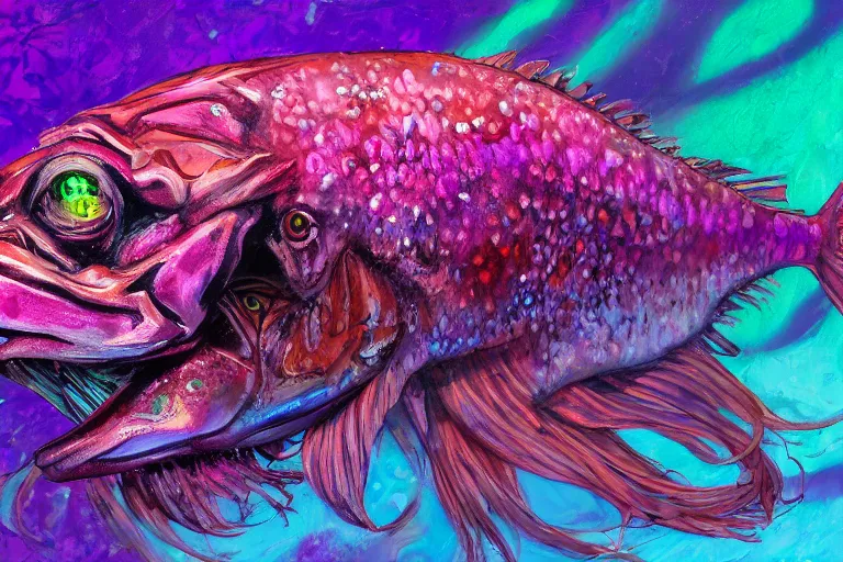 Image similar to chaos chuul spore servant gorgonops, painted by alicia austin and teddy harvia, trending on artstation, dramatic magenta lighting fish eye symbolism, hdr, portrait, iridescent colors, gond painting