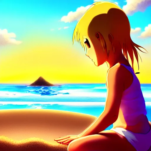 Image similar to beautiful, detailed digital painting of a blond-haired child making sandcastles on the beach and looking at the sunset, anime by Makoto Shinkai, sand, waves, trending on artstation