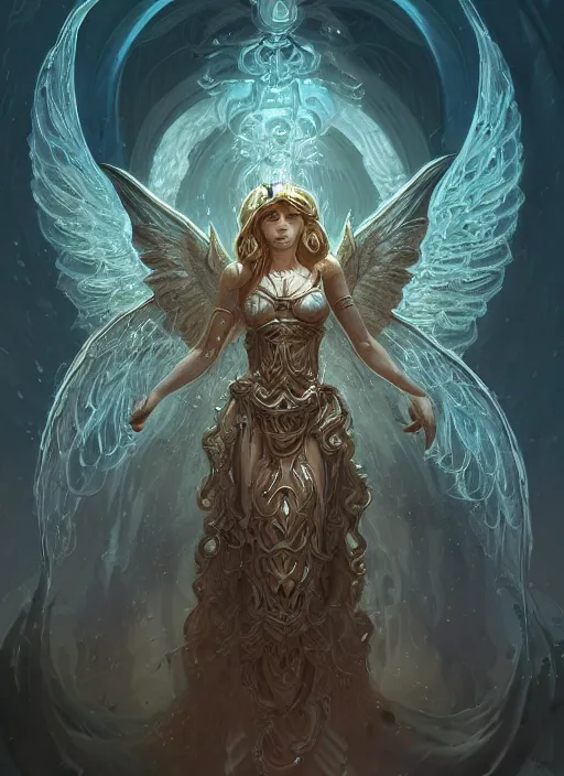 Image similar to a highly detailed illustration of lovecraftian divine angel with hundreds of eyes, horrifying floating looking down pose, intricate, elegant, highly detailed, centered, digital painting, artstation, concept art, smooth, sharp focus, league of legends concept art, wlop.