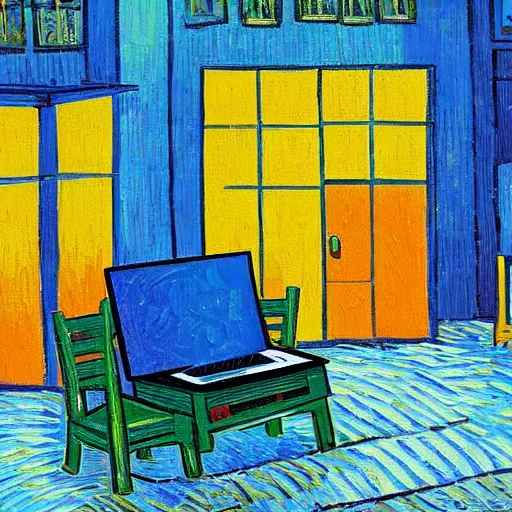 Prompt: This painting is in the style of Van Gogh, and it depicts a laptop that you can live in. The colors are bright and vibrant, and the brushstrokes are thick and textured. The overall effect is one of a lively and inviting space.