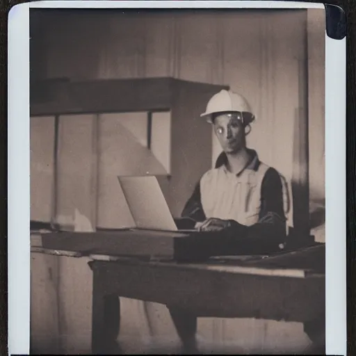 Image similar to a polaroid photo of man using a laptop inside in warehouse, he sitting on chair and small table, he's wearing blue cloth and construction hat, photo from behind, high details, perfect face shape