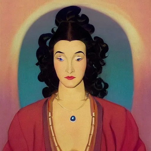 Image similar to an illustration of a fair skin with dark curly stylised hair queen wearing dress, by nicholas roerich, by frank frazetta by georgia o keeffe by frederick william elwell, by otomo, by hans emmenegger, by eyvind earle highly detailed, realistic, outline, line work concept art, jewels, oriental, stylised flat colors, animation