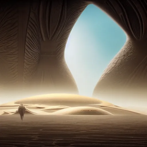 Prompt: Michael Whelan art directs Dune, hyper detailed complex set, veil in the fog, photorealistic, 3d render, award winning render, unreal engine, octane render, studio lighting, 8k, hd