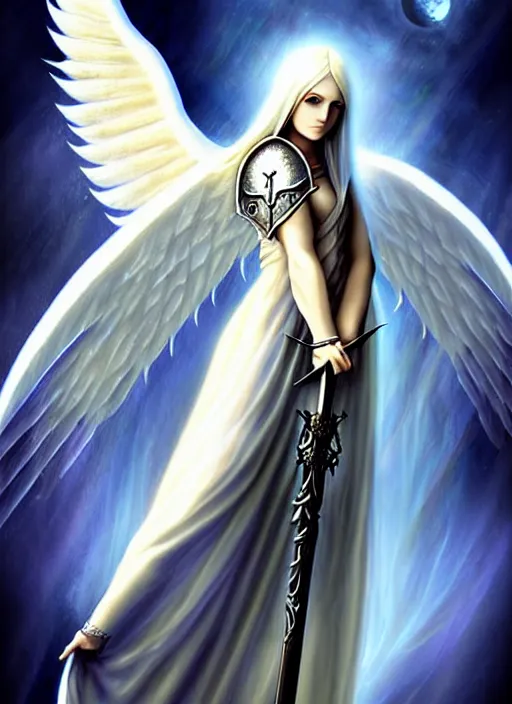 Image similar to a white angel holding a sword and a sword, digital art by artgem, Anne Stokes, deviantart, fantasy art, angelic photograph, wiccan, deviantart