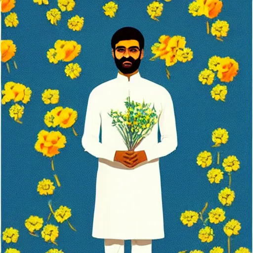 Image similar to indian guy holding flowers, looking nostalgic, in love, in a dapper kurta, very beautiful artwork by Wes Anderson