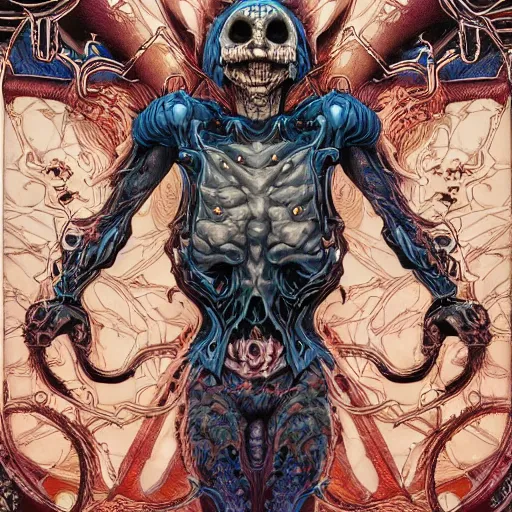 Image similar to portrait of crazy skeletor, symmetrical, by yoichi hatakenaka, masamune shirow, josan gonzales and dan mumford, ayami kojima, takato yamamoto, barclay shaw, karol bak, yukito kishiro