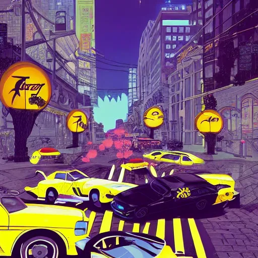 Image similar to crazy taxi real life by victo ngai and michaelangelo