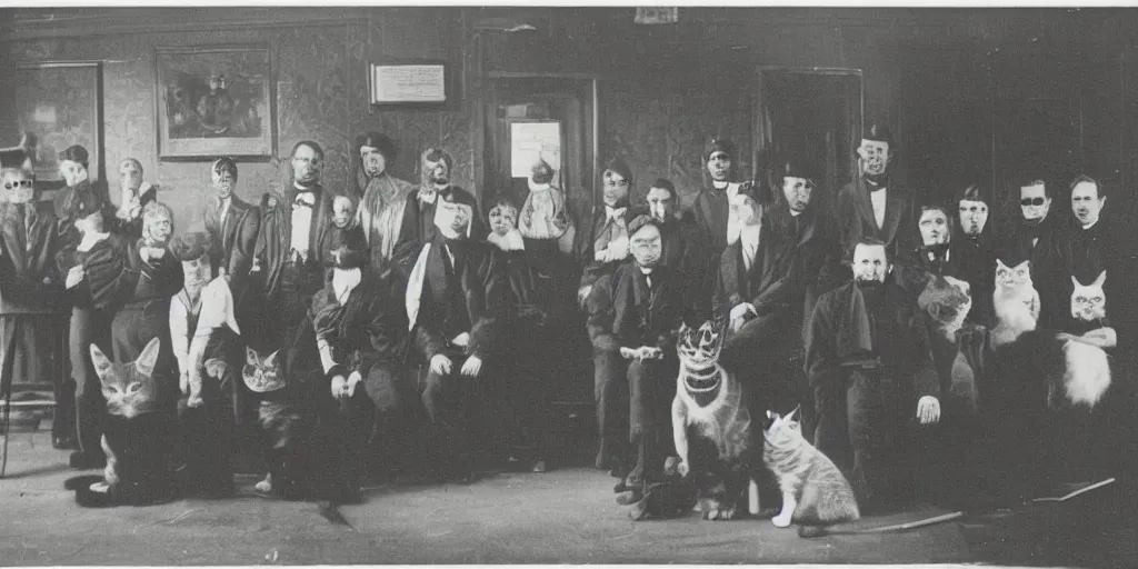 Image similar to an old black and white vintage film photo from 1890, award winning wide portrait of a very serious cats working in Tec support