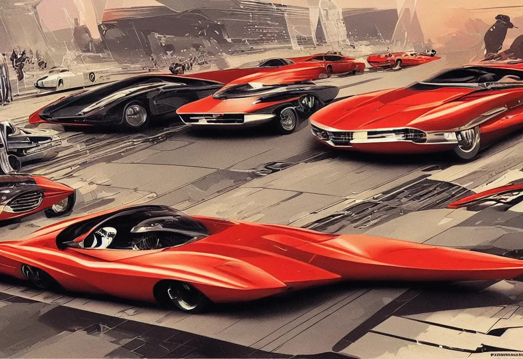Image similar to an extremely complex and advanced car from the 1960s, extreme plus resolution fantasy concept art, intricate details to everything visible, sharp lighting, Dramatic light by Denis Villeneuve, strong emphasis on Syd Mead and Robert McCall