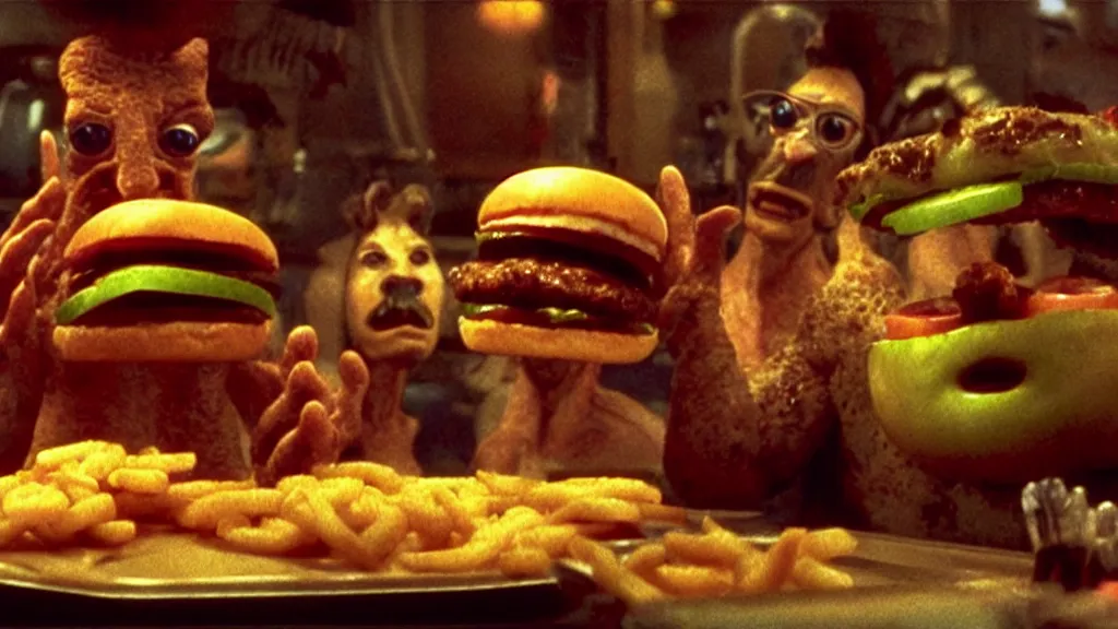 Image similar to the strange cheeseburger creature loves everybody at the fast food place, film still from the movie directed by denis villeneuve and david cronenberg with art direction by salvador dali and zdzisław beksinski, wide lens