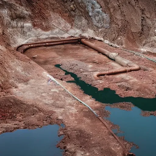 Image similar to underground copper mine, flooded, dirty water, rusty pipes