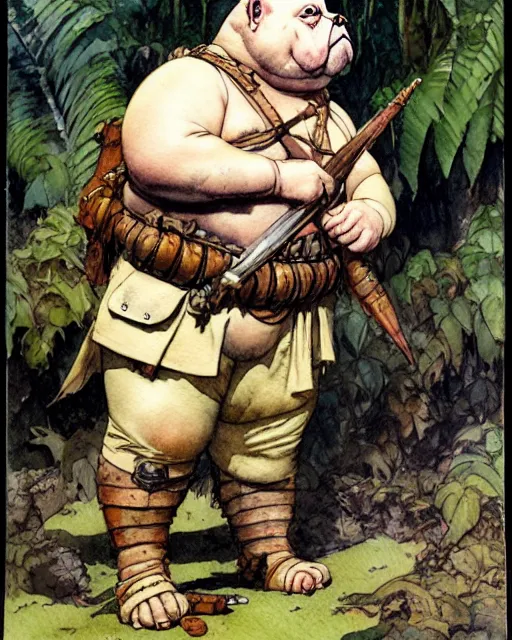 Prompt: a realistic and atmospheric watercolour fantasy character concept art portrait of a fat adorable chibi bulldog roman soldier with body armor in the jungle, by rebecca guay, michael kaluta, charles vess and jean moebius giraud