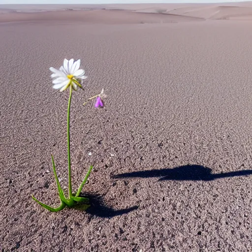 Image similar to a single small pretty flower blooms in the middle of a bleak arid empty desert, sand dunes