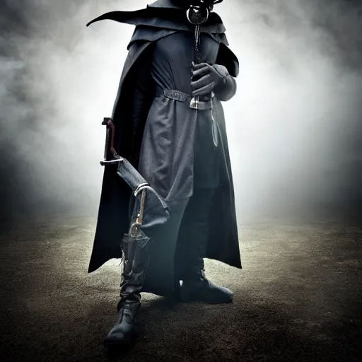 Image similar to epic fantasy plague doctor wearing a trench coat, gritty steampunk aesthetic, dramatic lighting, ultra hd