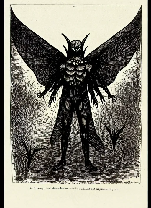 Image similar to illustration of mothman as a demon from the dictionarre infernal, etching by louis le breton, 1 8 6 9, 1 2 0 0 dpi scan, ultrasharp detail, clean scan