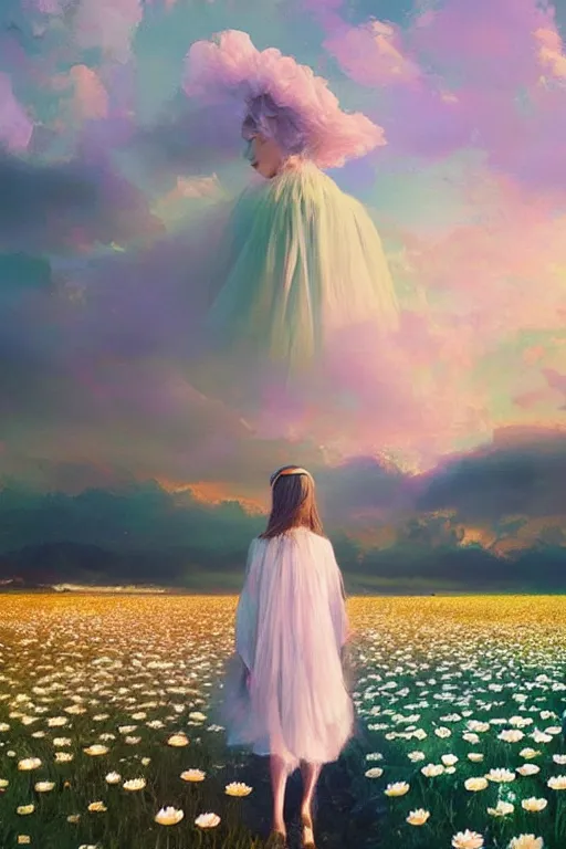 Image similar to giant white daisy flower crown head, veil girl walking in a flower field, surreal photography, sunrise, dramatic light, impressionist painting, colorful clouds, digital painting, artstation, simon stalenhag