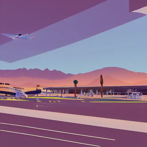 Image similar to a beautiful illustration of palm springs airport by James gilleard, artstation HD, airplanes, geometric lines, HD, 4k, 8k